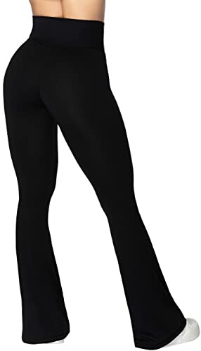 Black bell-bottom yoga pants with high waist.