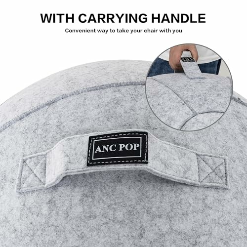 Closeup of a carrying handle on a grey fabric item with ANC POP label.