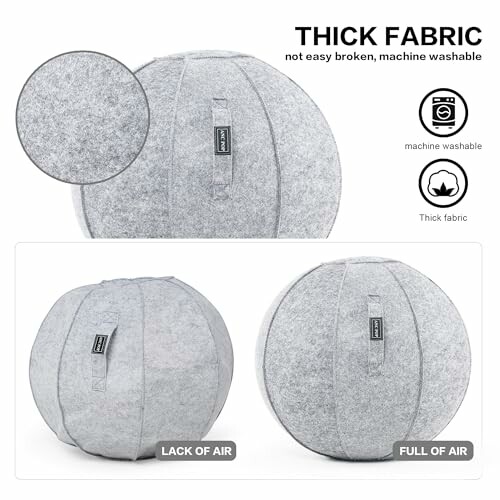 Thick fabric exercise ball, machine washable, comparison of deflated and inflated states.