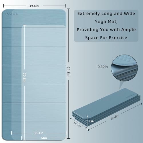 Blue yoga mat dimensions and features overview.