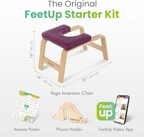 FeetUp Starter Kit with yoga inversion chair, Asanas poster, phone holder, and video app.