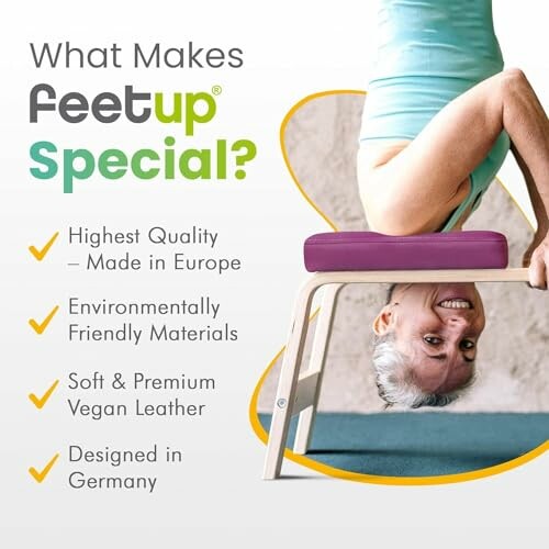 Person using FeetUp yoga chair with benefits listed.