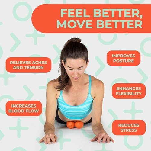 Woman using massage balls with text about health benefits: relieves aches, improves posture, enhances flexibility, increases blood flow, reduces stress.