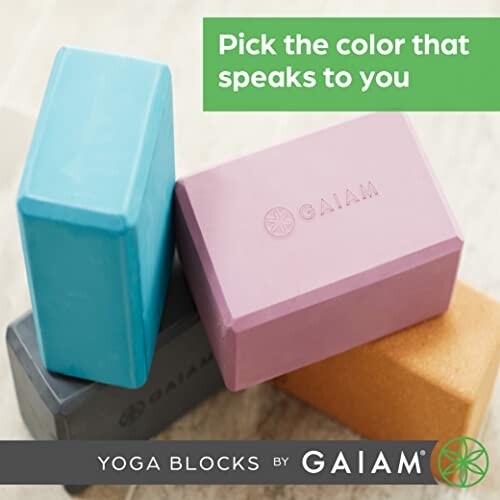 Colorful yoga blocks with text 'Pick the color that speaks to you'.