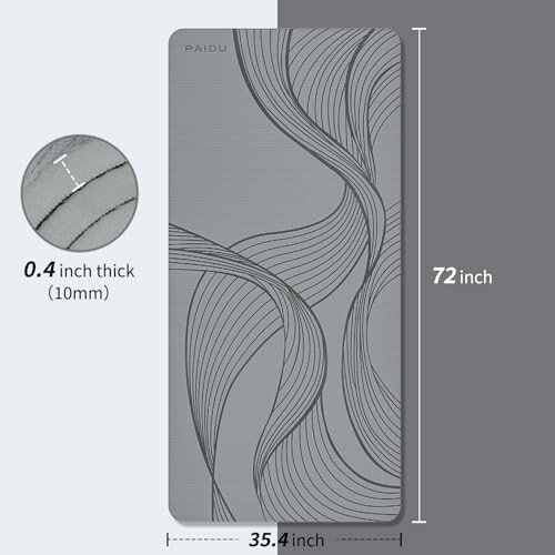 Gray yoga mat with dimensions 72 inches by 35.4 inches and 0.4 inch thickness.