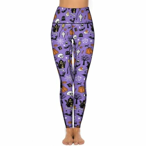 Purple leggings with Halloween patterns including skulls, pumpkins, ghosts, and bats for yoga and workout.