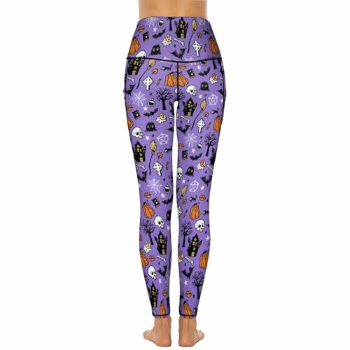 Purple leggings with Halloween pattern including skulls, pumpkins, and haunted houses for yoga and workout.