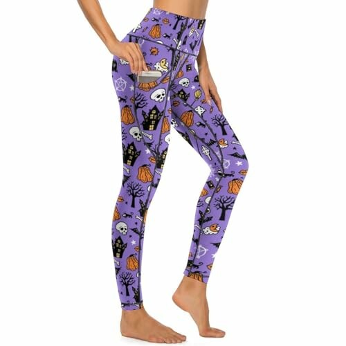 Woman wearing purple Halloween-themed leggings with spooky patterns during yoga.