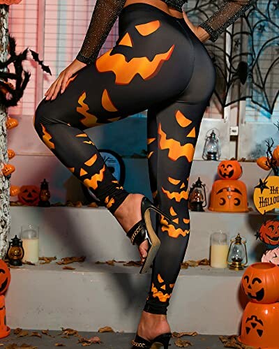 Halloween-themed leggings with jack-o'-lantern prints.