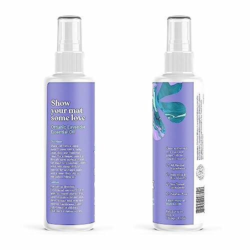 Two bottles of organic lavender essential oil spray for yoga mats.