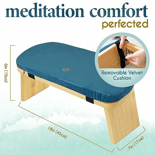 Meditation bench with removable velvet cushion and dimensions.