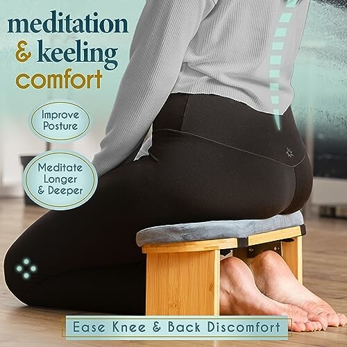 Person using a meditation kneeling bench for improved posture and comfort.