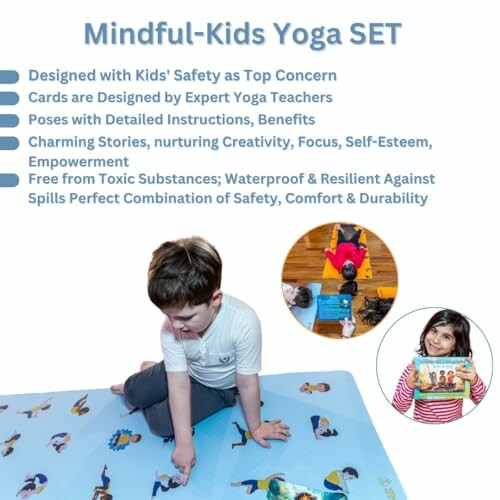 Child practicing yoga on a mat with mindful kids yoga set.