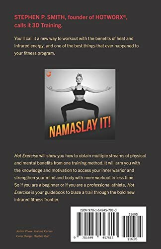 Back cover of 'Namaslay It!' book with a woman doing yoga and a brief description of the book.