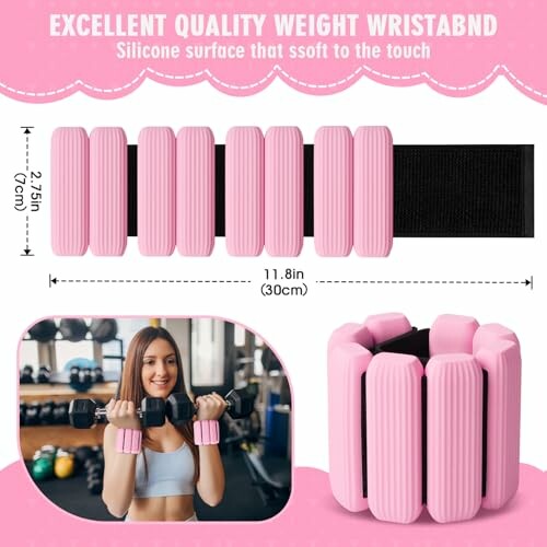 Pink weight wristband with silicone surface, worn by woman lifting dumbbells.