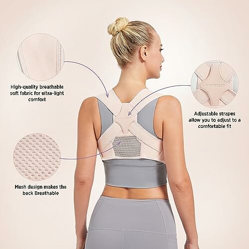 Woman wearing a posture corrector with breathable mesh and adjustable straps.