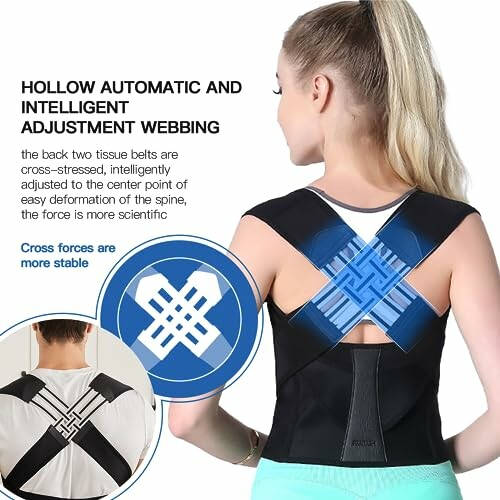 Woman wearing posture corrector with hollow automatic adjustment webbing.