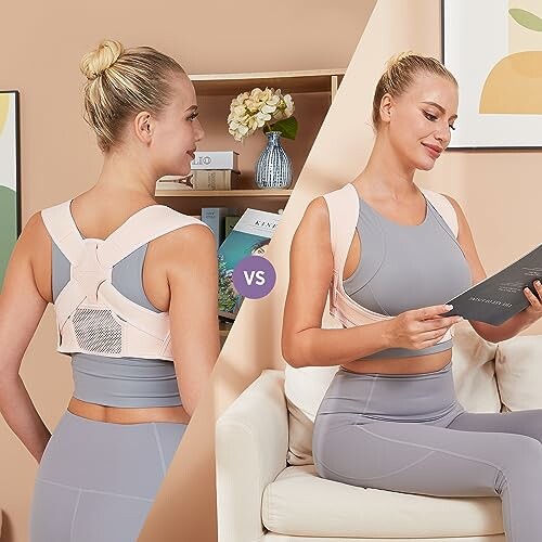 Woman demonstrating posture corrector, back and side views