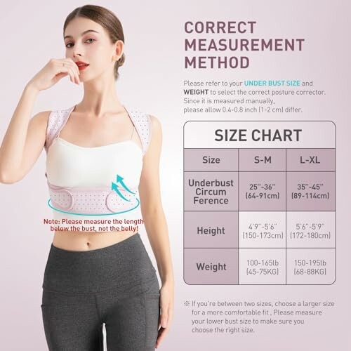 Woman wearing posture corrector with size chart and measurement instructions.