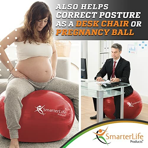 Pregnant woman and man using exercise ball for posture.