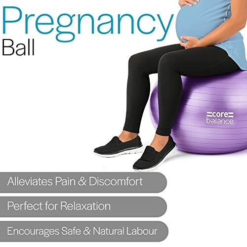 Pregnant woman sitting on a purple exercise ball promoting comfort and relaxation.