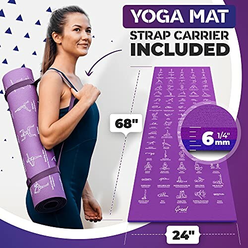 Woman carrying a purple yoga mat with strap, showing dimensions and thickness.