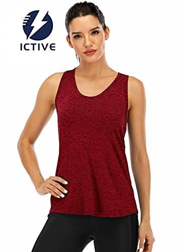 Woman wearing a red sleeveless workout top.