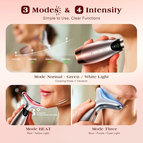 Skin care device showing three modes and four intensity levels with usage examples.