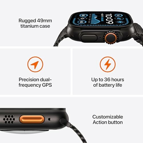 Smartwatch with titanium case, dual-frequency GPS, 36-hour battery, customizable button.