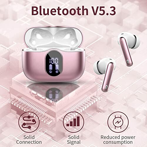 Bluetooth V5.3 wireless earbuds with charging case and features icons.