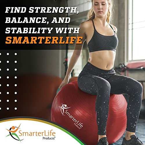 Woman sitting on a red exercise ball in a gym.