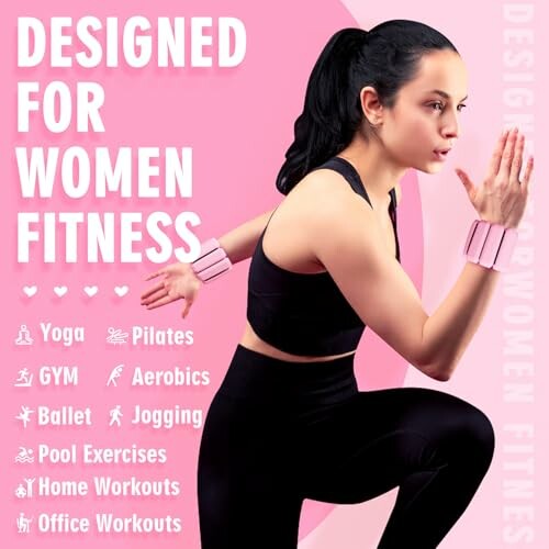 Woman exercising with fitness categories listed including yoga, pilates, gym, aerobics, ballet, jogging, pool exercises, home workouts, and office workouts.