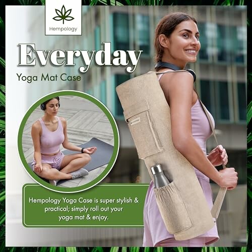 Woman carrying yoga mat case and meditating outdoors.