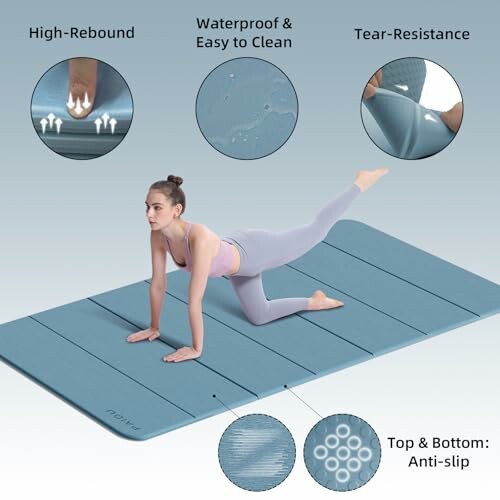 Woman exercising on a blue yoga mat with features highlighted: high-rebound, waterproof, tear-resistant, anti-slip.