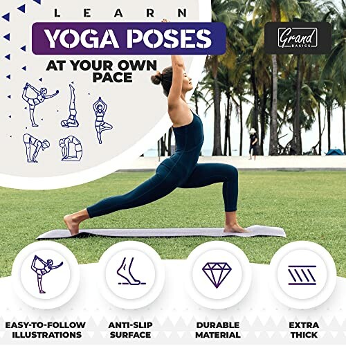 Woman practicing yoga pose on mat with instructional graphics and features listed.