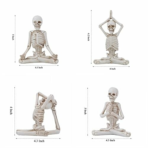 Four skeleton figurines in different yoga poses with measurements.